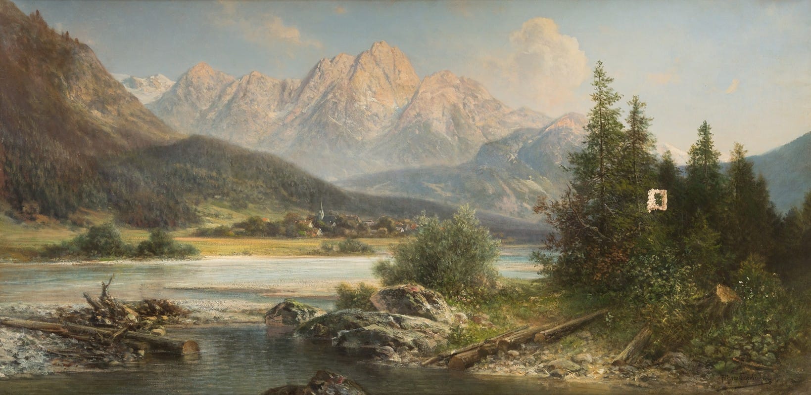 Alfred Karl Julius Von Schönberger - River landscape at the foot of the Alps