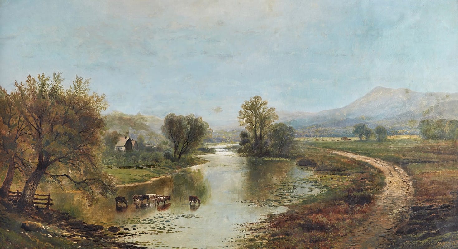 Edmund Darch Lewis - Panoramic Landscape with Farms, River, Cows and Mountains