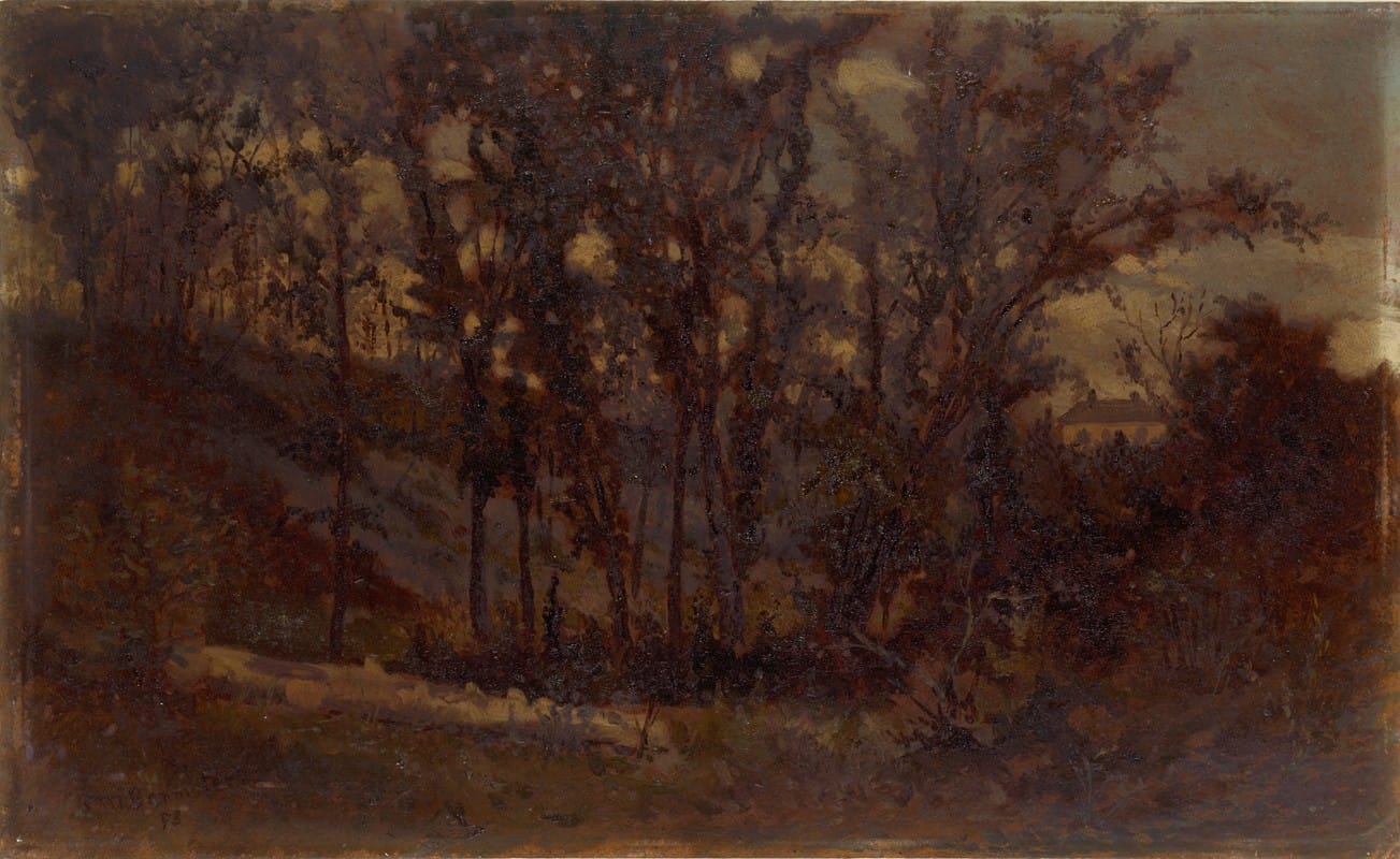 Edward Mitchell Bannister - Untitled (forest scene, fallen tree in foreground and house in background)