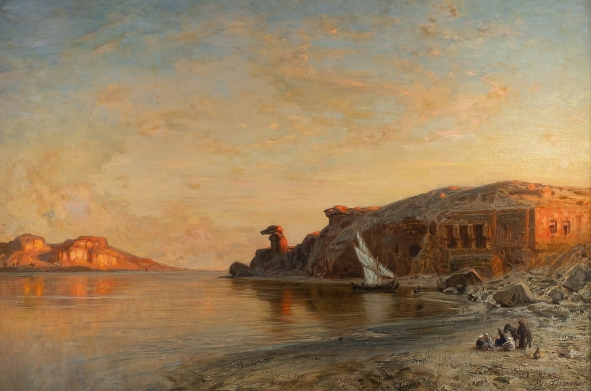 Ernest Karl Eugen Koerner - Evening in Egypt by the Nile at Gebel es-Silsila