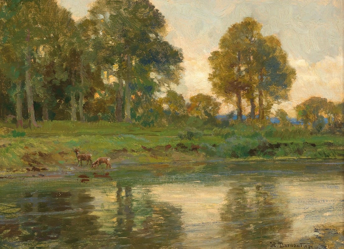 Hugo Darnaut - Red Deer by a Pond at Sunset
