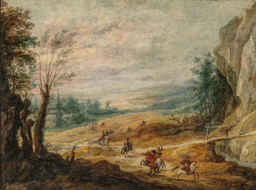 Joos de Momper the Younger - An extensive mountainous landscape with horsemen chasing a thief