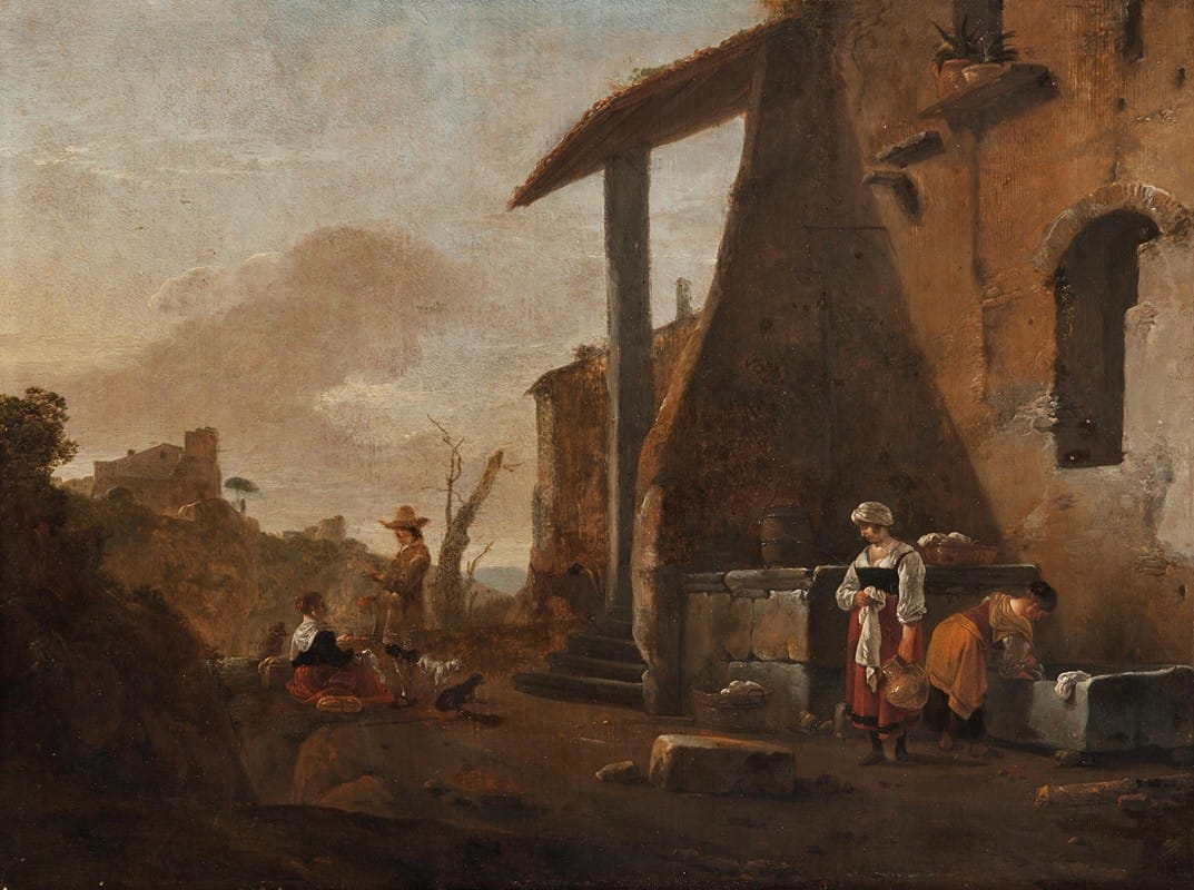 Thomas Wijck - Maidservants washing laundry and another maid selling apples in a courtyard, a hilly landscape beyond