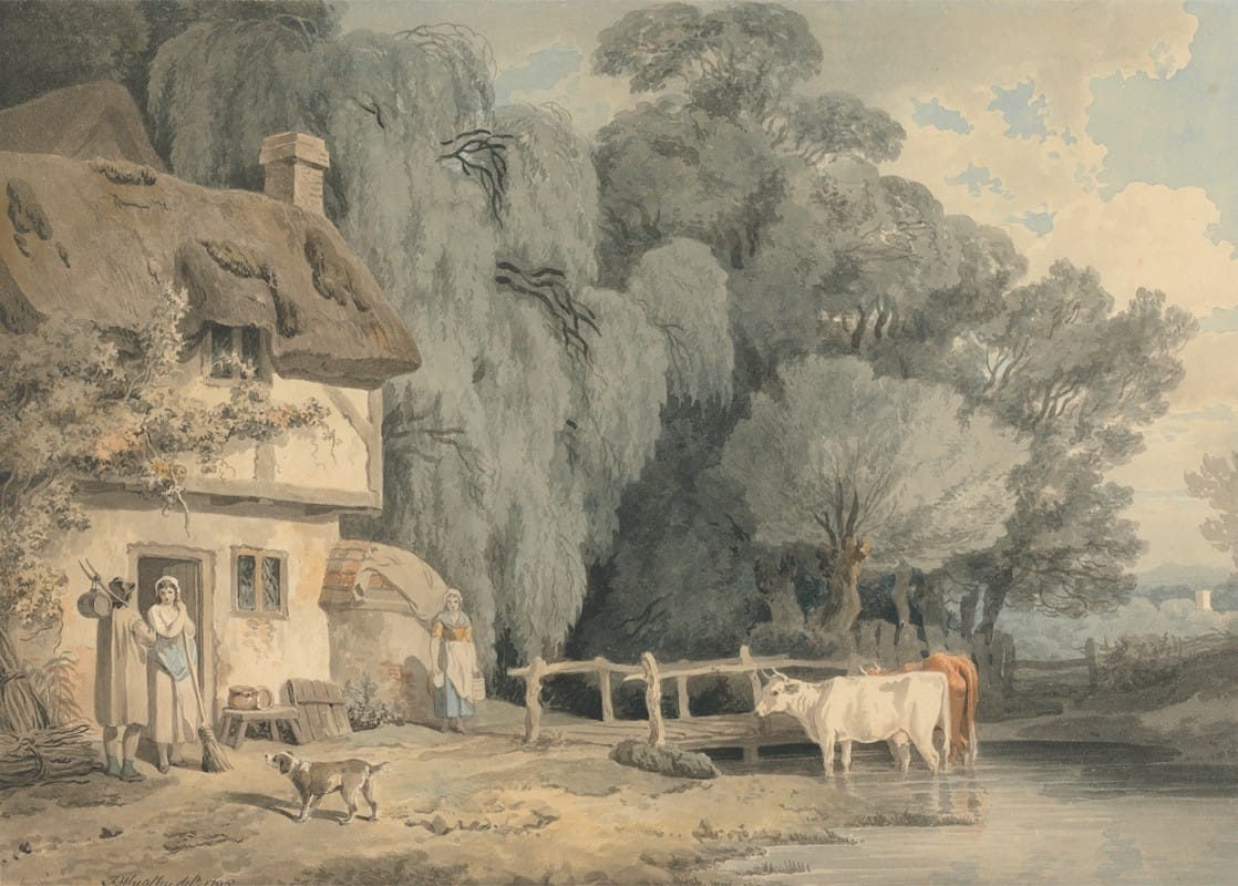 Francis Wheatley - Country Scene; Figures by a Cottage Door and Cattle in a Stream