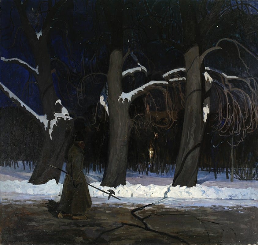Henryk Szczygliński - Winter landscape at night with a halberdier