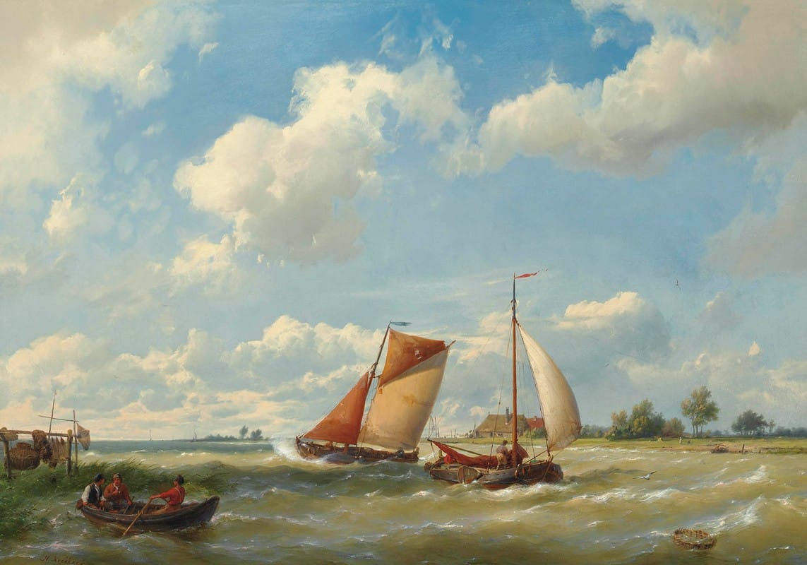 Hermanus Koekkoek - Dutch barges in choppy waters