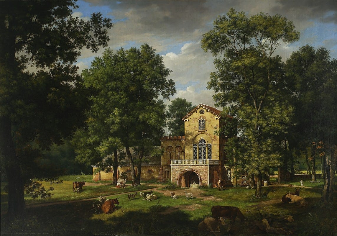 Wincenty Kasprzycki - Fragment of the park in Natolin with the cowshed