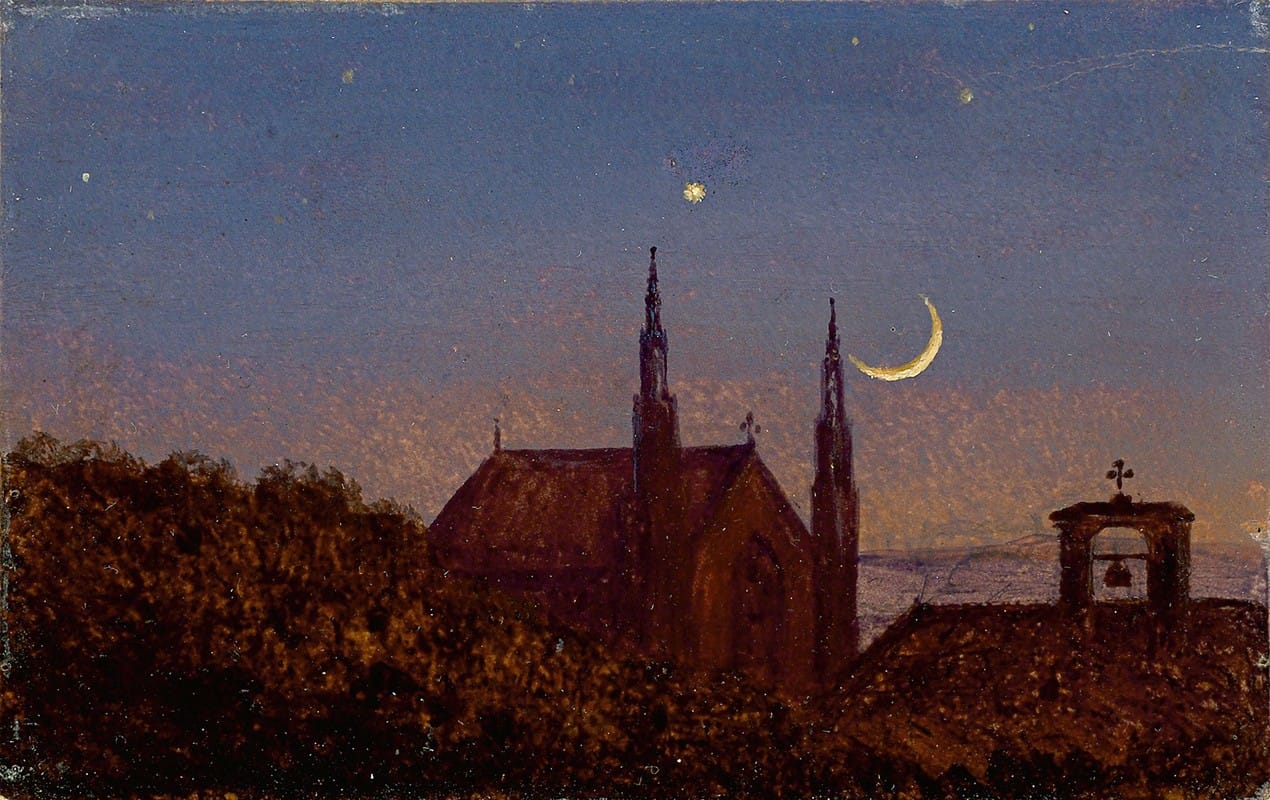 Carl Gustav Carus - Gotische Kirche über Baumwipfeln bei Mondenschein (Kleine Mondscheinlandschaft mit Kirchlein)