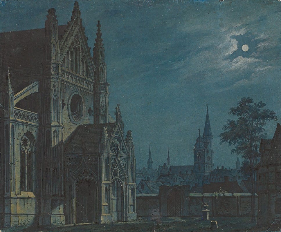 Carl Gustav Carus - Mondschein über dem Hof einer gotischen Kirche mit reichem Maßwerk