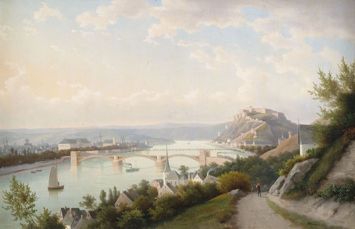 Walther Wünnenberg - Rheinlandschaft bei Koblenz mit der Pfaffendorfer Brücke (erbaut 1864) und der Festung Ehrenbreitstein