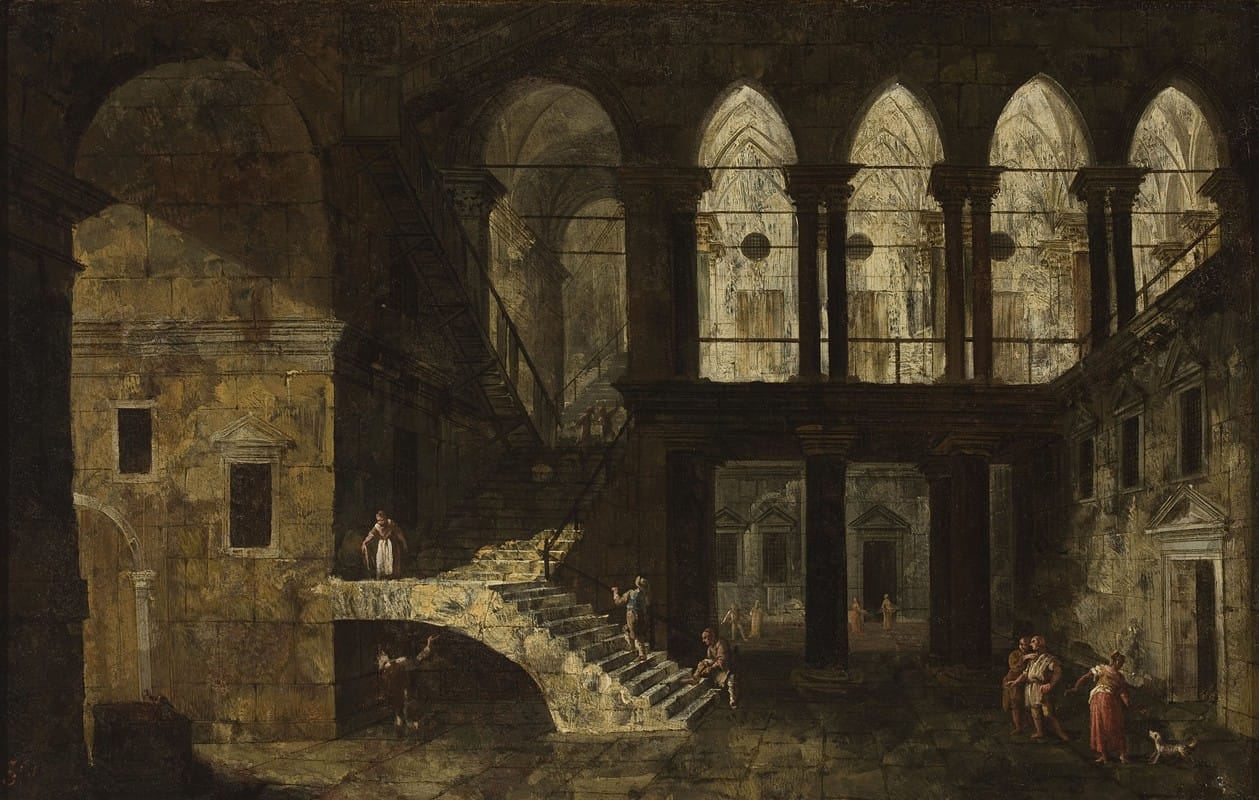 Michele Marieschi - Architectural fantasy featuring a palace courtyard