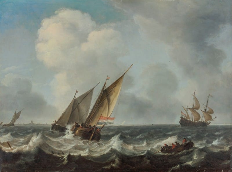 Arnoldus Van Anthonissen - Two ‘smalschips’ and a rowing boat on choppy waters, a man-of-war and another sailing vessels beyond, a town on the horizon