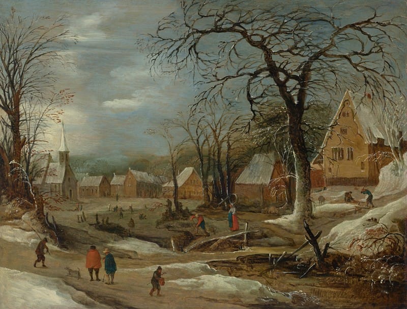 Frans De Momper - A winter landscape with figures by a frozen river in a village