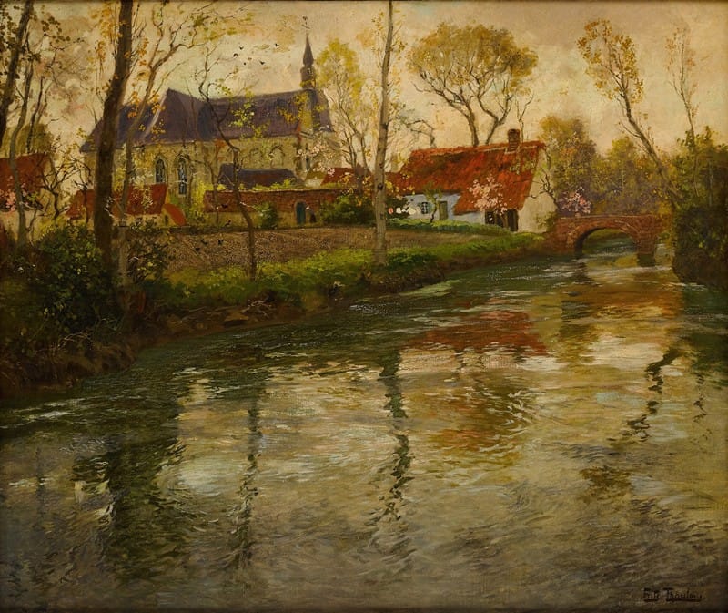 Frits Thaulow - A River Landscape with a Church Beyond