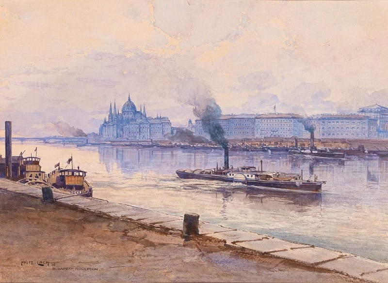 Fritz Lach - A steam boat on the river Danube, the parliament building of Budapest in the background