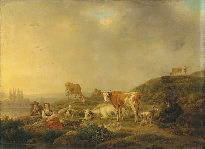 Henri Joseph Antonissen - A river landscape with drovers and cattle