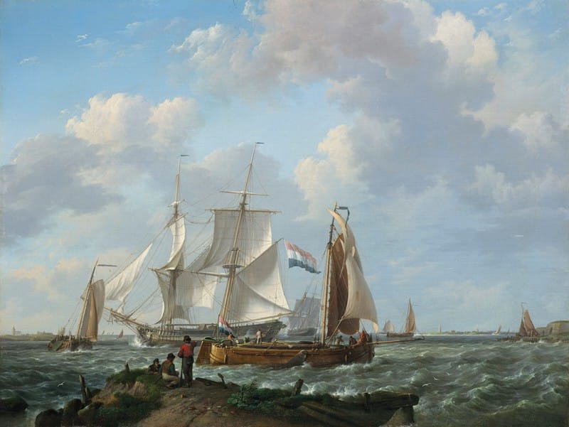 Johannes Hermanus Koekkoek - Ships in a squall with figures on shore