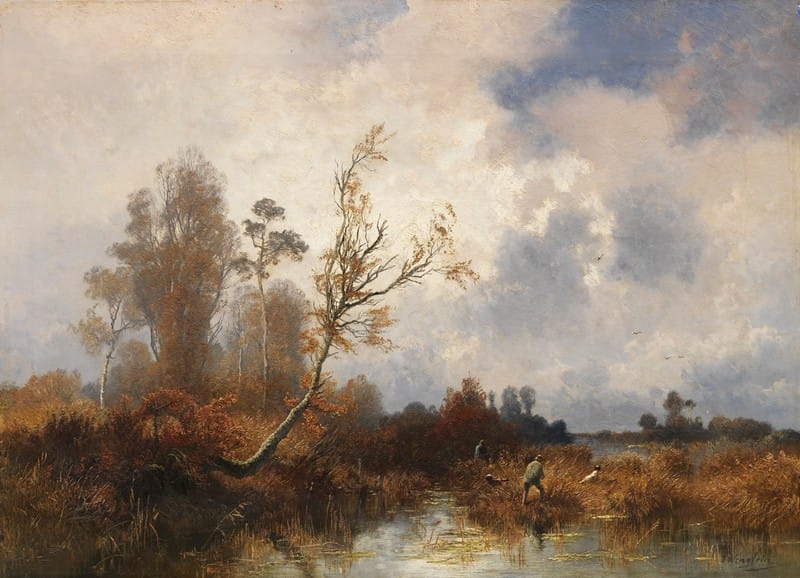 Josef Wenglein - Herbstliche Landschaft mit Jägern im Dachauer Moos