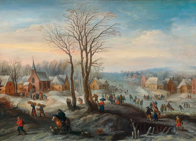 Karel Beschey - A winter landscape with numerous figures in a village
