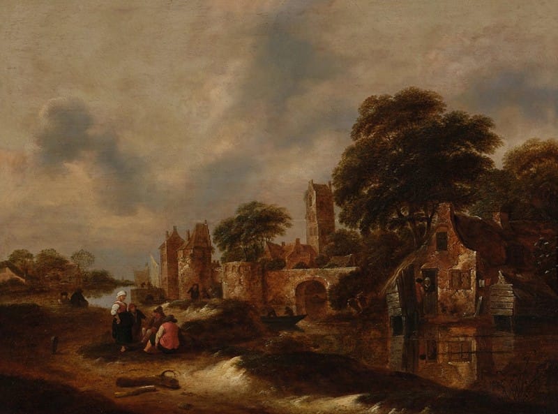 Klaes Molenaer - River landscape with village walls and figures conversing in the foreground