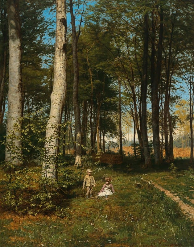 Niels Christian Hansen - Siblings Resting on a Forest Path in the Summer