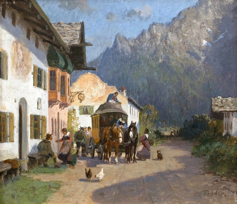Otto Fedder - Dorfstraße in Mittenwald mit Karwendelspitze (mit Postkutsche)