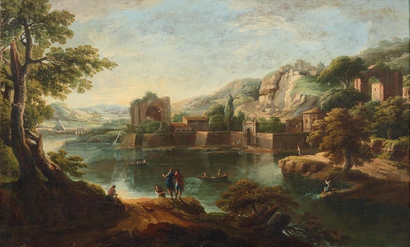 Paolo Anesi - A mountainous river landscape with fishing boats and anglers, Roman ruins beyond