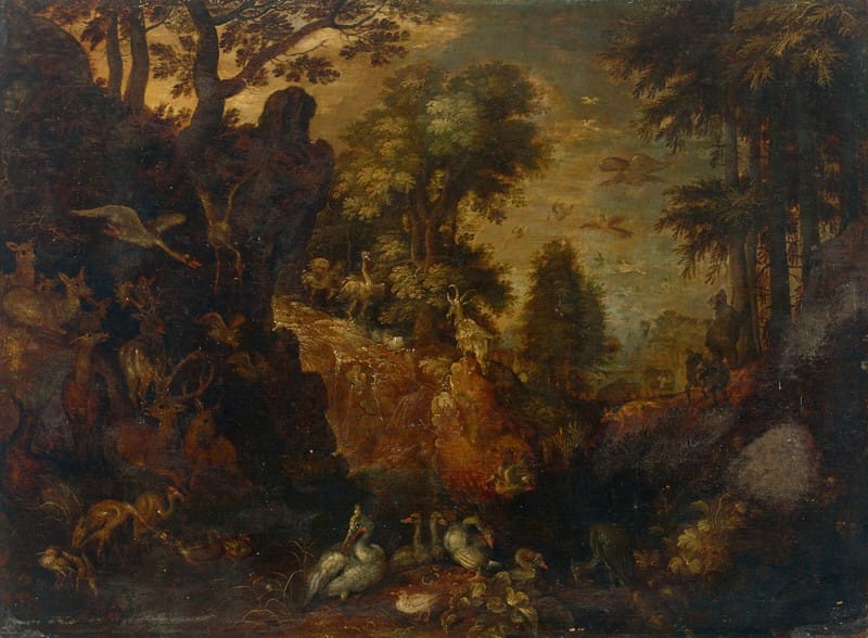 Roelandt Savery - A rocky wooded landscape with birds, deer and other animals