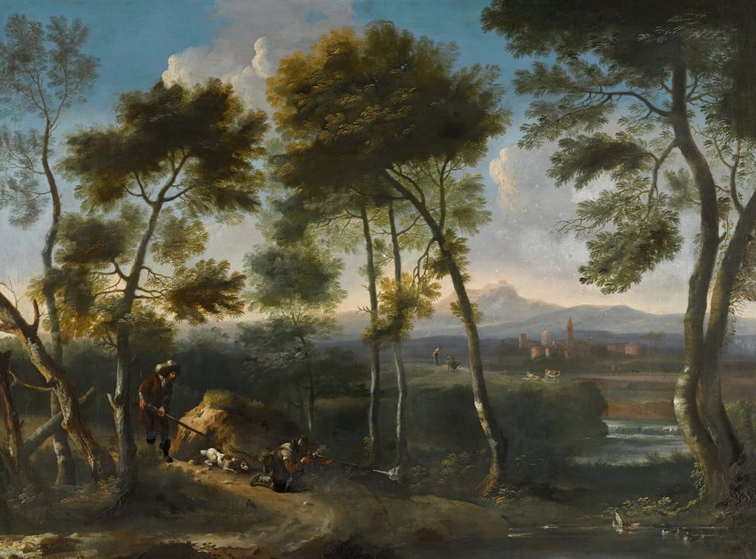 Angeluccio - Italianate landscape with hunters shooting ducks