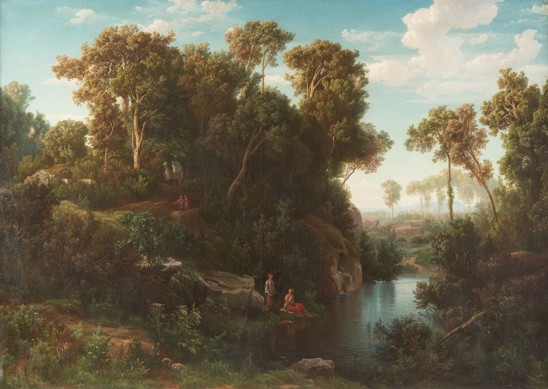 August Friedrich Kessler - Arcadian landscape with bathers