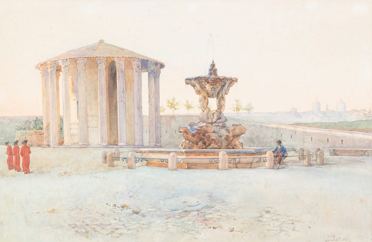 Giuseppe Carosi - View On The Foro Boario With Temple Of Hercule Victor And Triton-Fountain