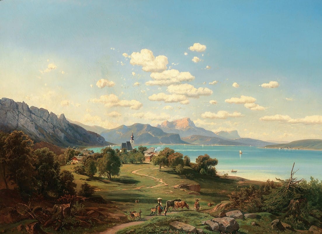 Josef Mayburger - A View of Steinbach am Attersee with Unterach, Schafberg, the Drachenwand in the Background
