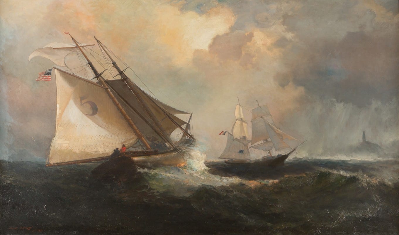 Julian Oliver Davidson - Sailing boats in a storm by the American coast