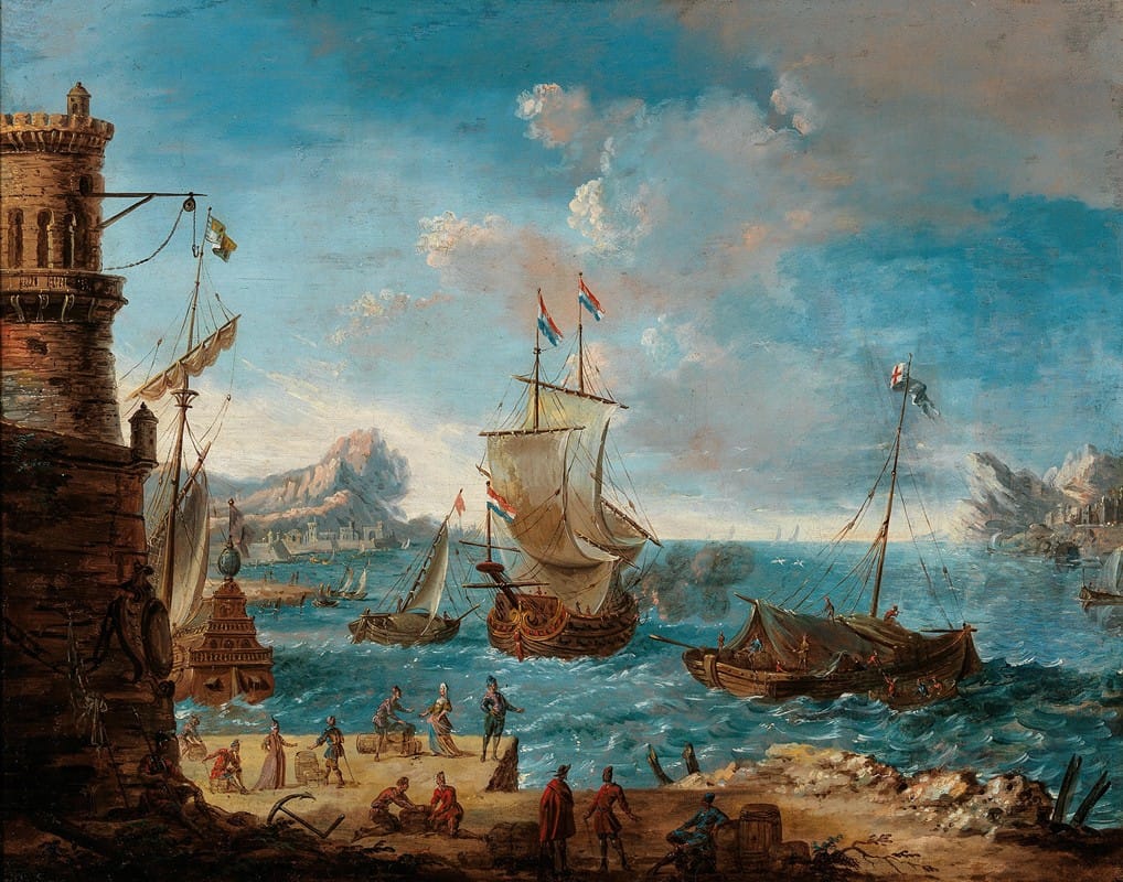 Lodovico Mattioli - A coastal landscape with figures conversing on a harbour and ships beyond
