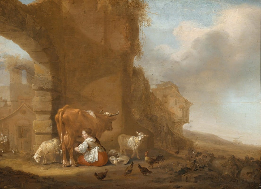 Nicolaes Pietersz. Berchem - A milkmaid amongst ruins