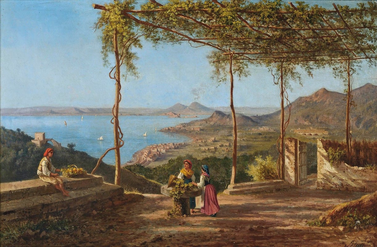 Achille Solari - Grape pickers above Sorrento, Vesuvius beyond