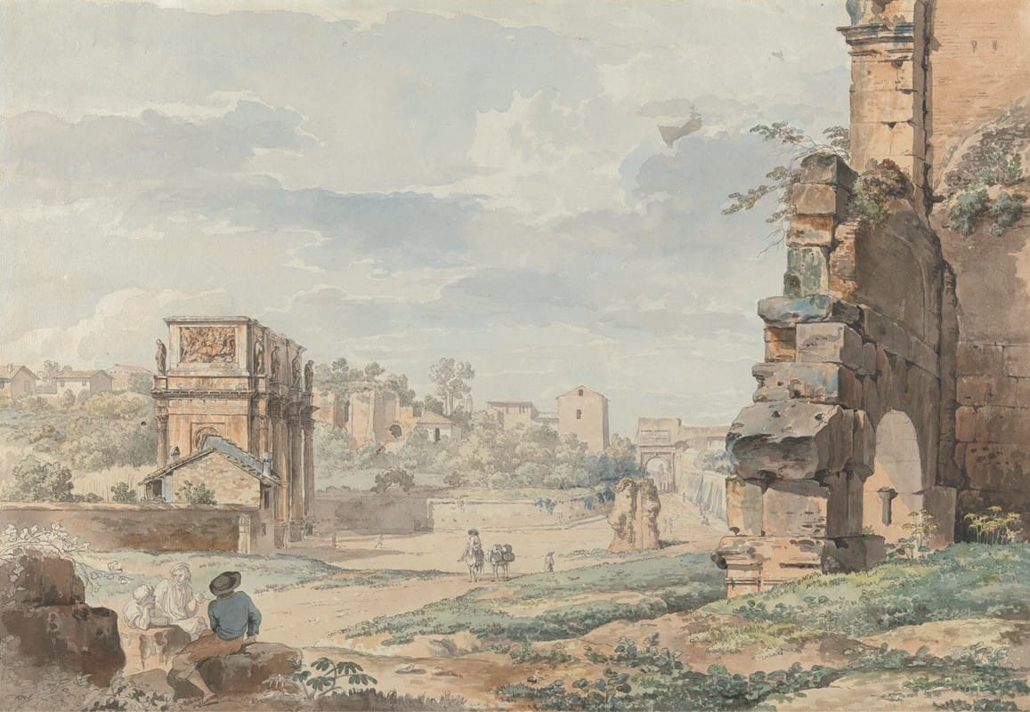 Carlo Labruzzi - Part of the Colosseum with the Arch of Constantine and Arch of Titus in the Distance, Rome