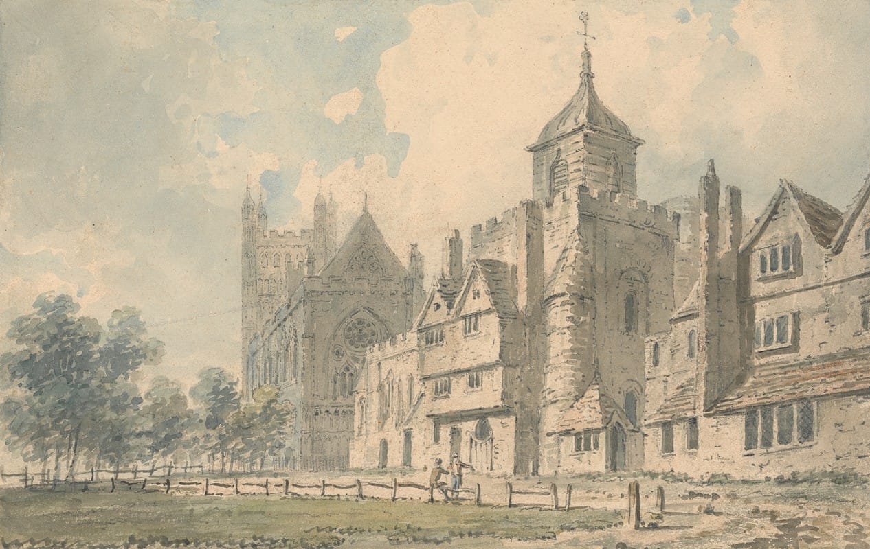 Edward Dayes - Exeter Cathedral and neighboring buildings