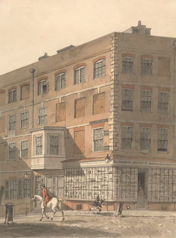 George Shepheard - York House, the corner of Villiers Street and the Strand, with Richardson’s Ancient and Modern Print Warehouse in the Foreground