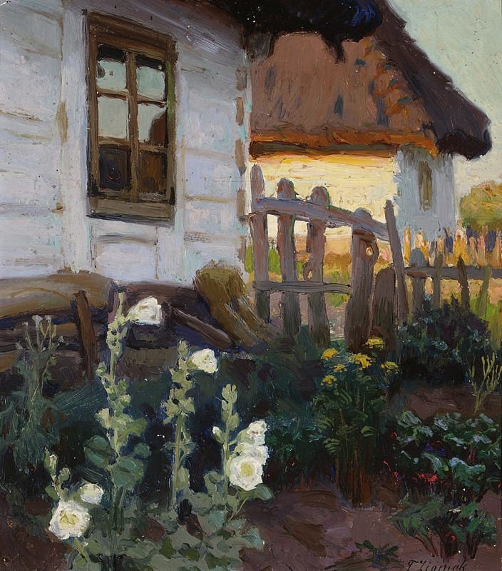 Teodor Ziomek - Landscape with a cottage and hollyhocks