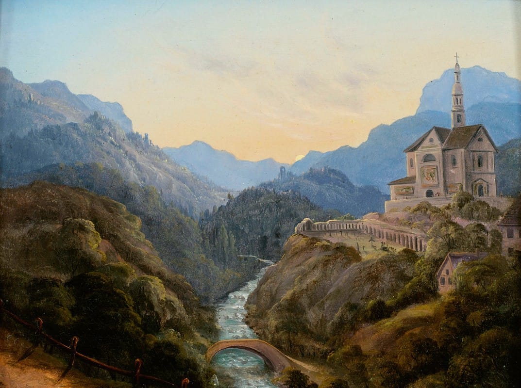 Carl Gustav Carus - Mountainous landscape with a river valley and an abbey at evening light