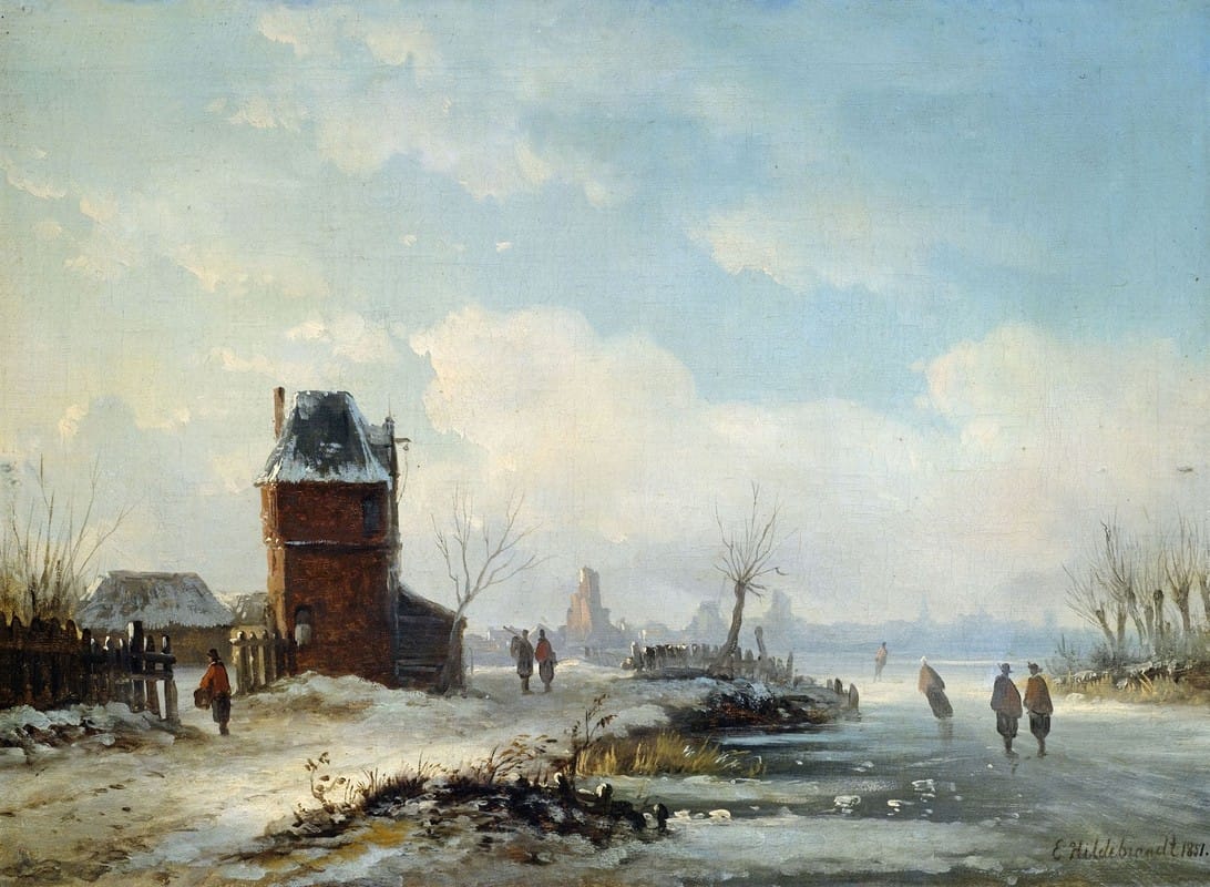 Eduard Hildebrandt - Winterliche Kanallandschaft mit Blick auf eine holländische Stadt