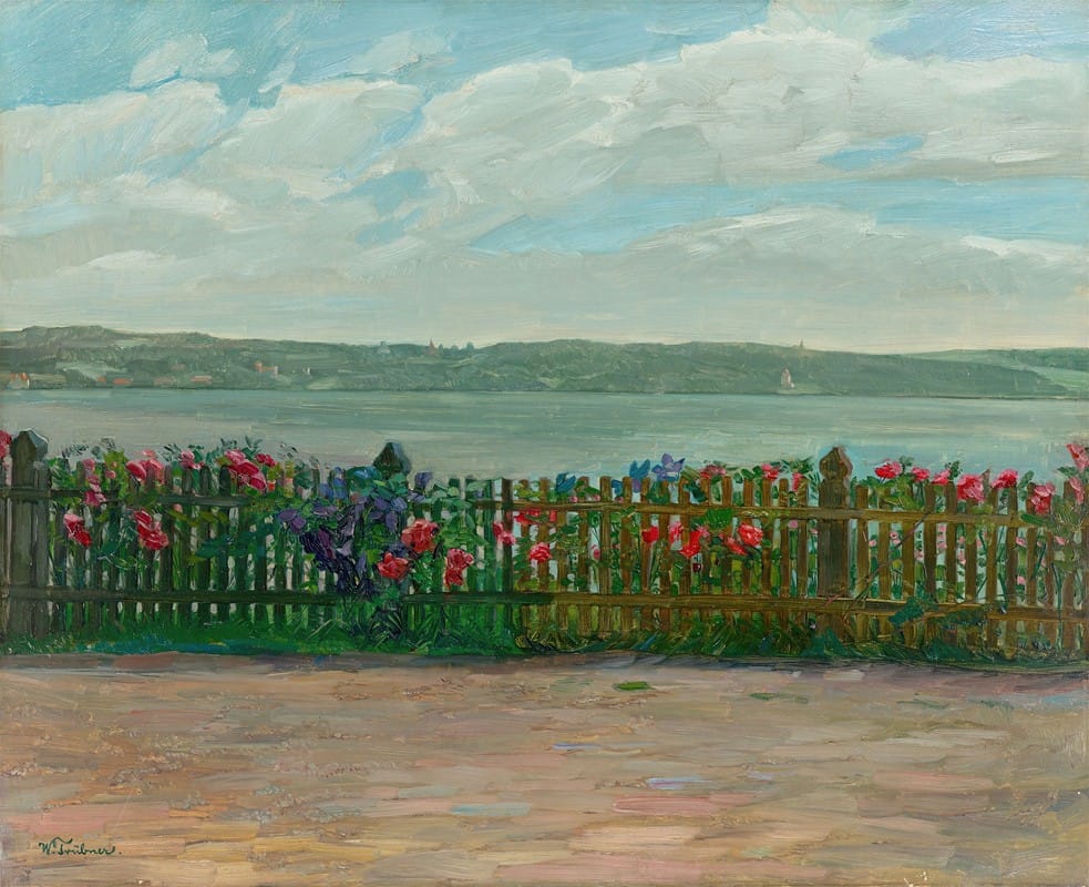 Wilhelm Trübner - Rose fence with view of the Berg Castle at Lake Starnberg