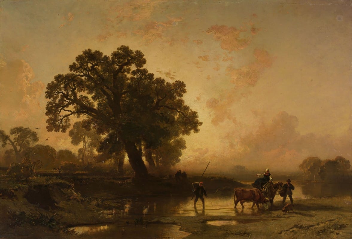 Charles Hoguet - Riverside landscape at sunset