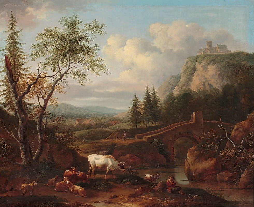 Joseph Roos - Mountain landscape with a bridge