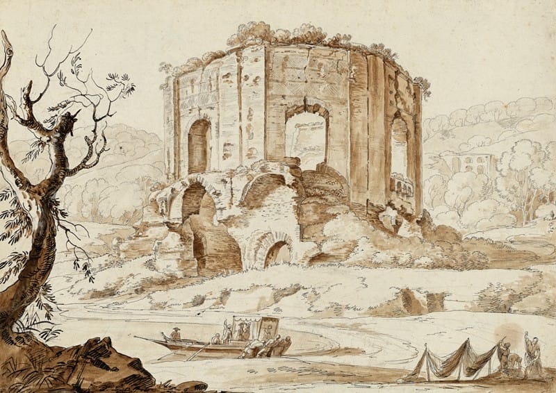 Carlo Labruzzi - The so-called Temple of Venus at Baiae, with tourists preparing to disembark and fishermen mending nets
