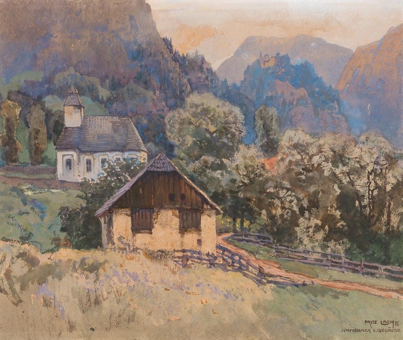 Fritz Lach - A small church and a shed in Johnsbach Gesäuse mountains
