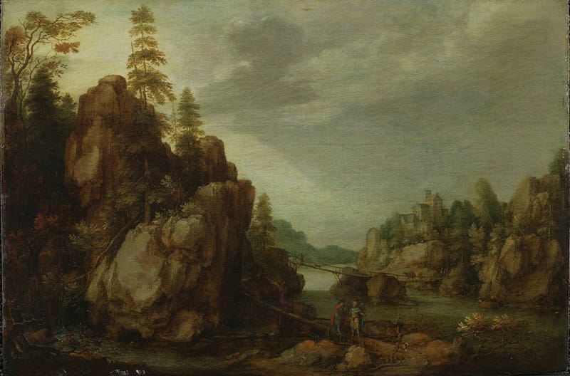 Gillis de Hondecoeter - A Mountainous River Landscape with Tobias and the Angel