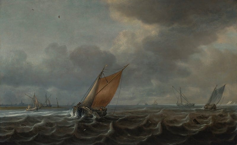 Justus de Verwer - Ships on the Haarlemmermeer with additional vessels in the distance