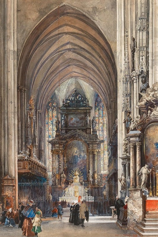 Reinhold Völkel - The interior of Saint Stephen with the high altar and figural staffage